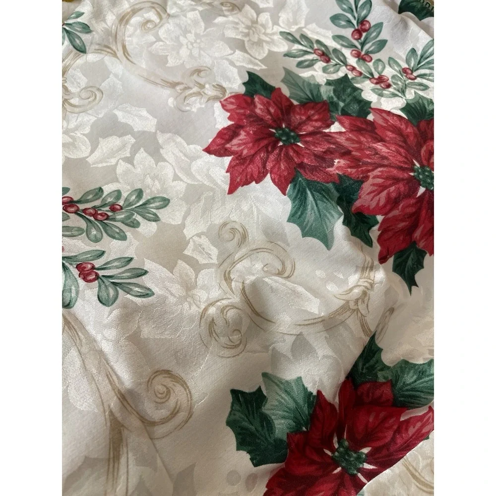 Vintage Christmas Tablecloth 59 X 83 Damask Red Poinsettia Green Holly White